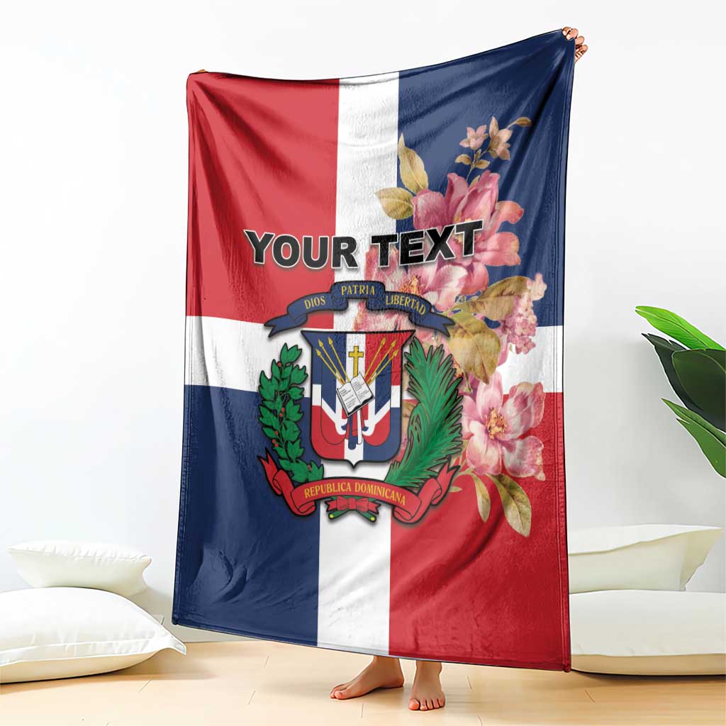 Personalized flag blanket with red, white, and navy panels, floral crest, custom text