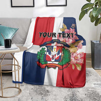 Personalized flag blanket on floor, red white navy panels with floral crest and custom text