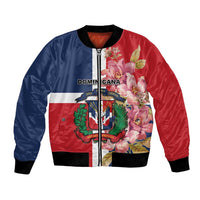 Personalized bomber jacket with Dominican flag panels, floral crest, front zipper