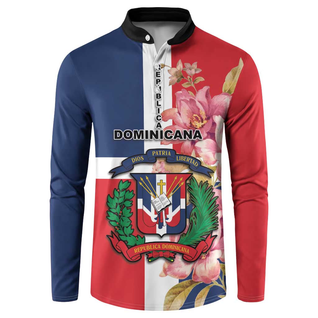 Red, blue and white button sweatshirt with floral crest graphic