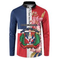 Red, blue and white button sweatshirt with floral crest graphic