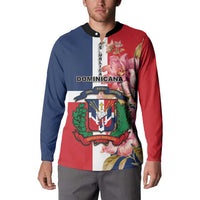 Red and blue button sweatshirt with floral crest graphic and vertical lettering panel