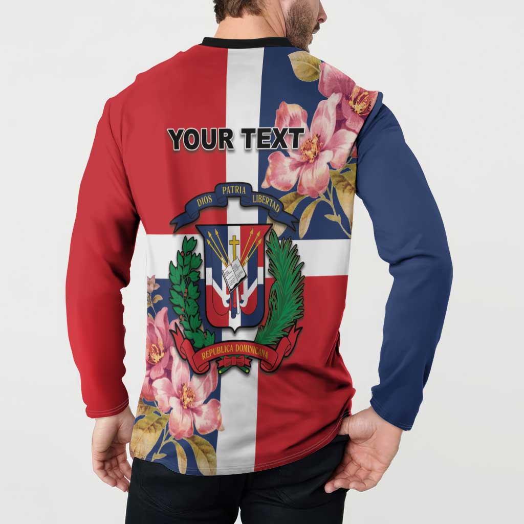 Back of red, blue and white button sweatshirt with YOUR TEXT floral crest