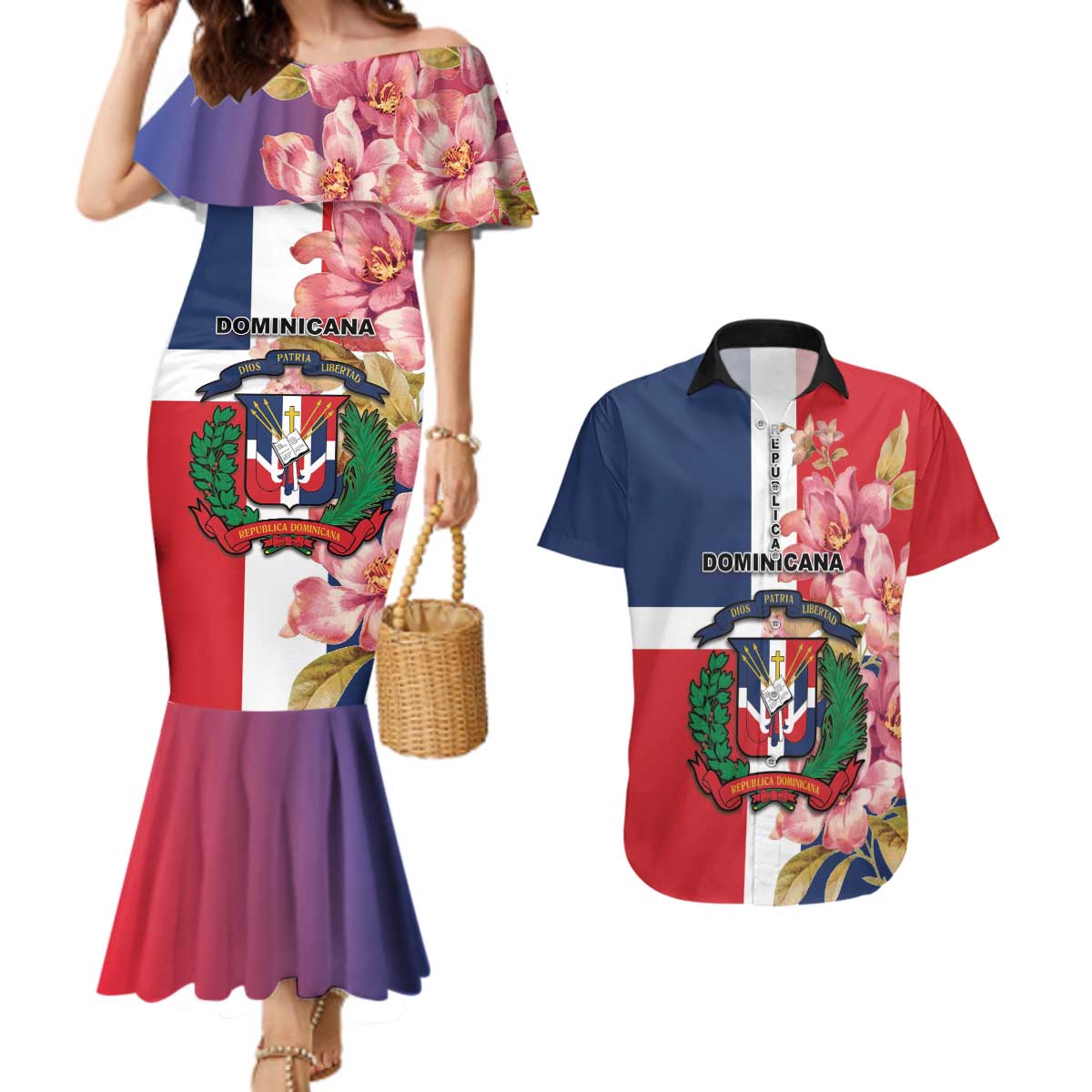 Personalized Dominican Republic Bayahbe Rose Couples Matching Mermaid Dress and Hawaiian Shirt - Wonder Print Shop