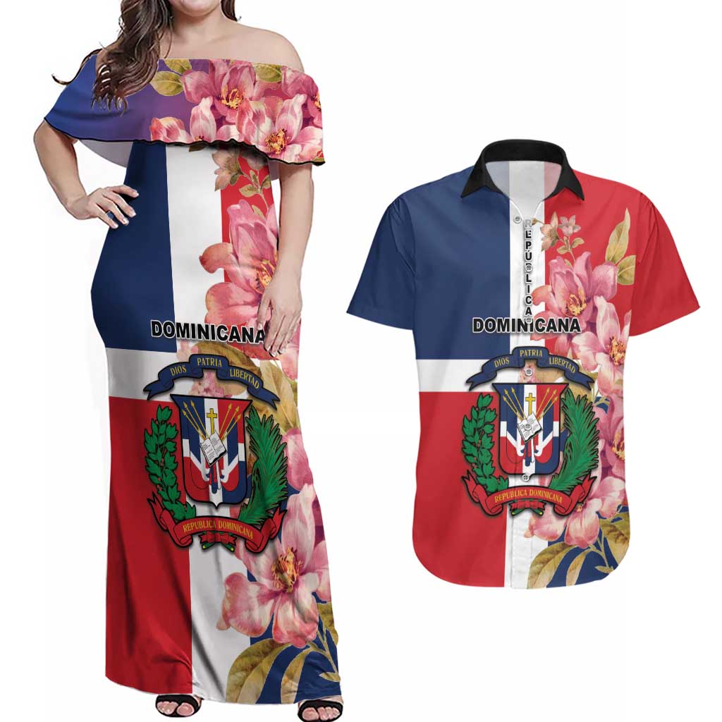 Personalized Dominican Republic Bayahbe Rose Couples Matching Off Shoulder Maxi Dress and Hawaiian Shirt - Wonder Print Shop