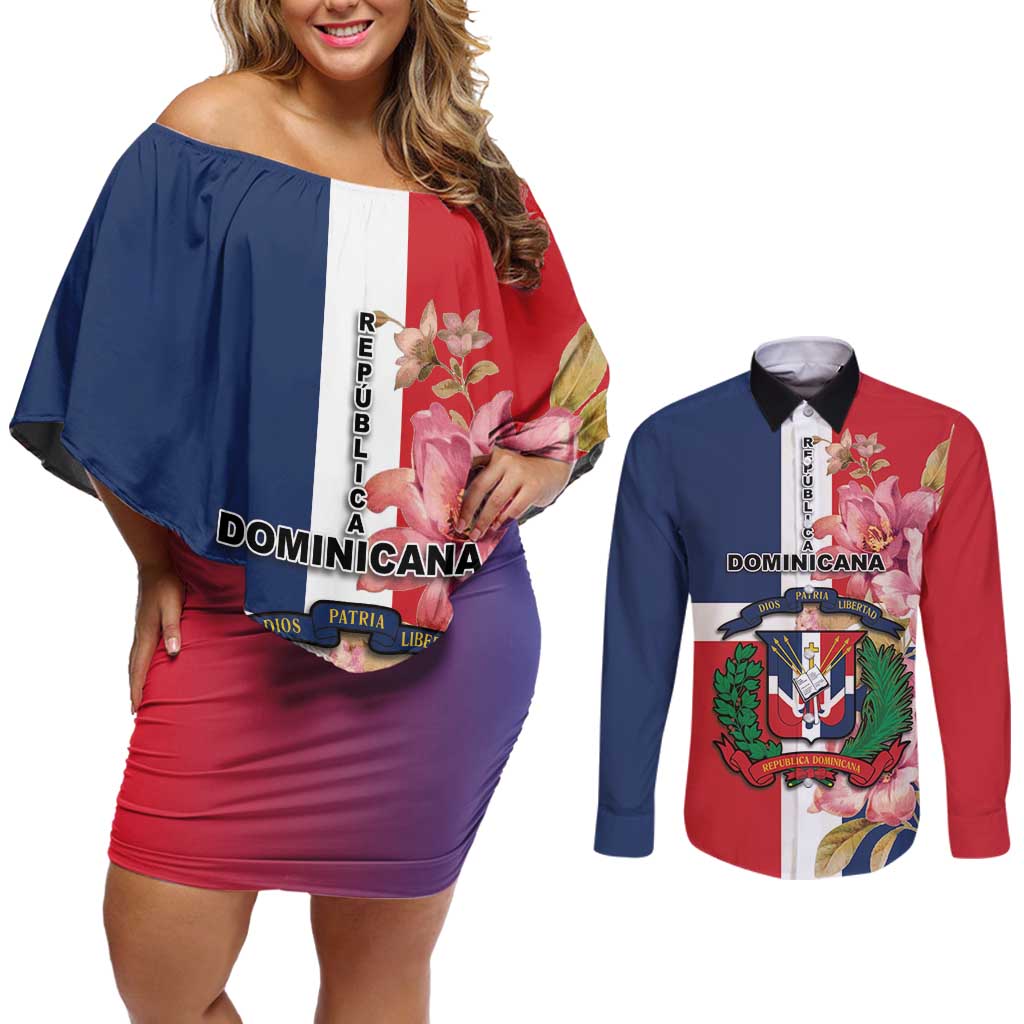 Personalized Dominican Republic Bayahbe Rose Couples Matching Off Shoulder Short Dress and Long Sleeve Button Shirt - Wonder Print Shop