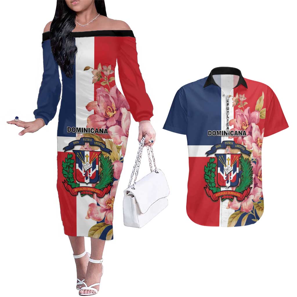 Personalized Dominican Republic Bayahbe Rose Couples Matching Off The Shoulder Long Sleeve Dress and Hawaiian Shirt - Wonder Print Shop