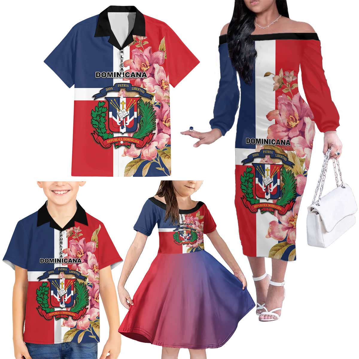 Personalized Dominican Republic Bayahbe Rose Family Matching Off The Shoulder Long Sleeve Dress and Hawaiian Shirt - Wonder Print Shop