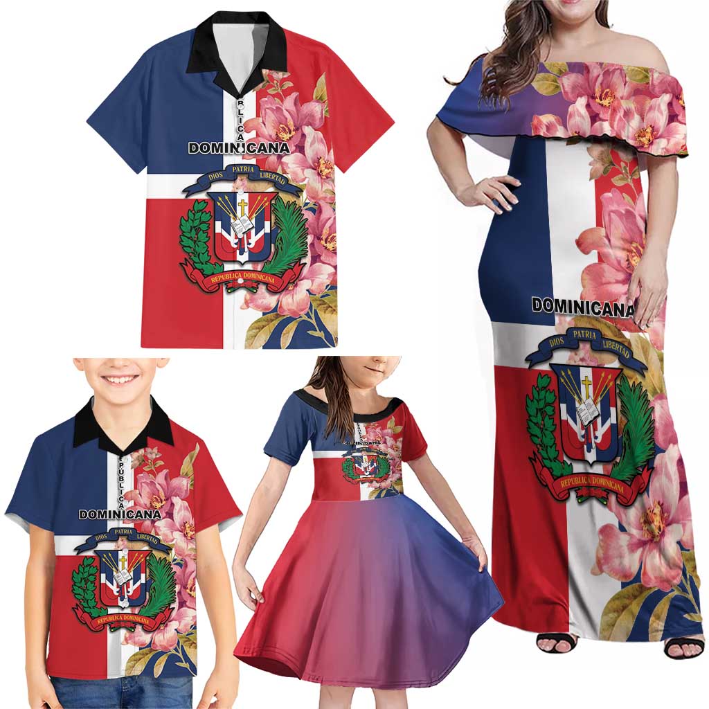 Personalized Dominican Republic Bayahbe Rose Family Matching Off Shoulder Maxi Dress and Hawaiian Shirt - Wonder Print Shop