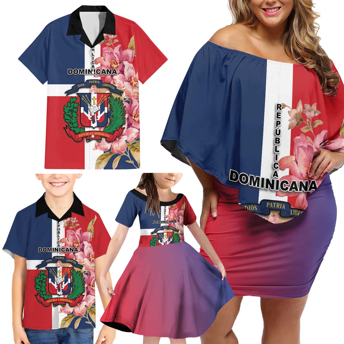 Personalized Dominican Republic Bayahbe Rose Family Matching Off Shoulder Short Dress and Hawaiian Shirt - Wonder Print Shop