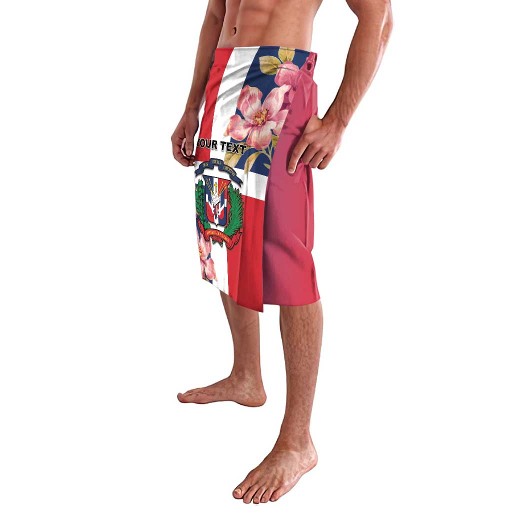 Red floral and flag-print lavalava skirt with crest patch, side view