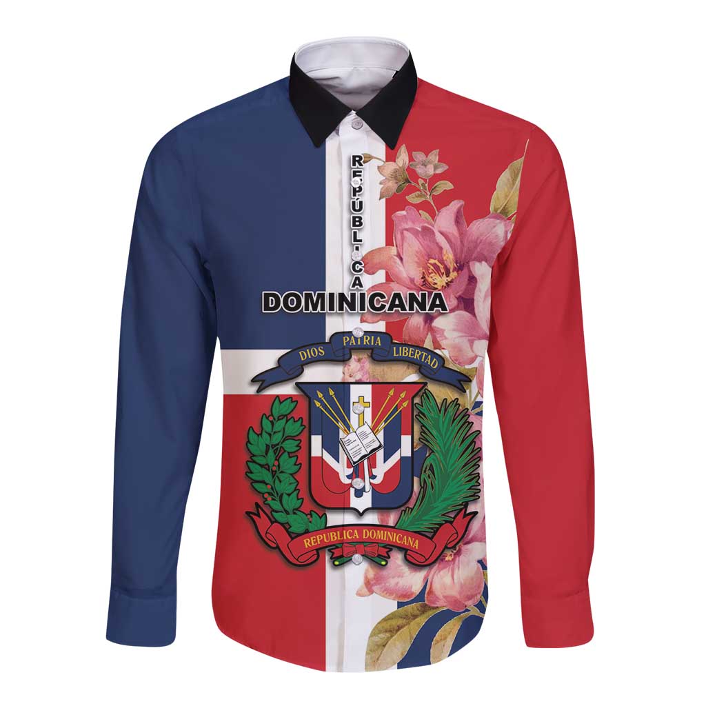 Long sleeve button shirt with red-and-navy front graphic, crest and floral print