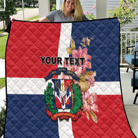 Personalized quilt held outdoors, Dominican Republic flag in red white blue, 'YOUR TEXT'