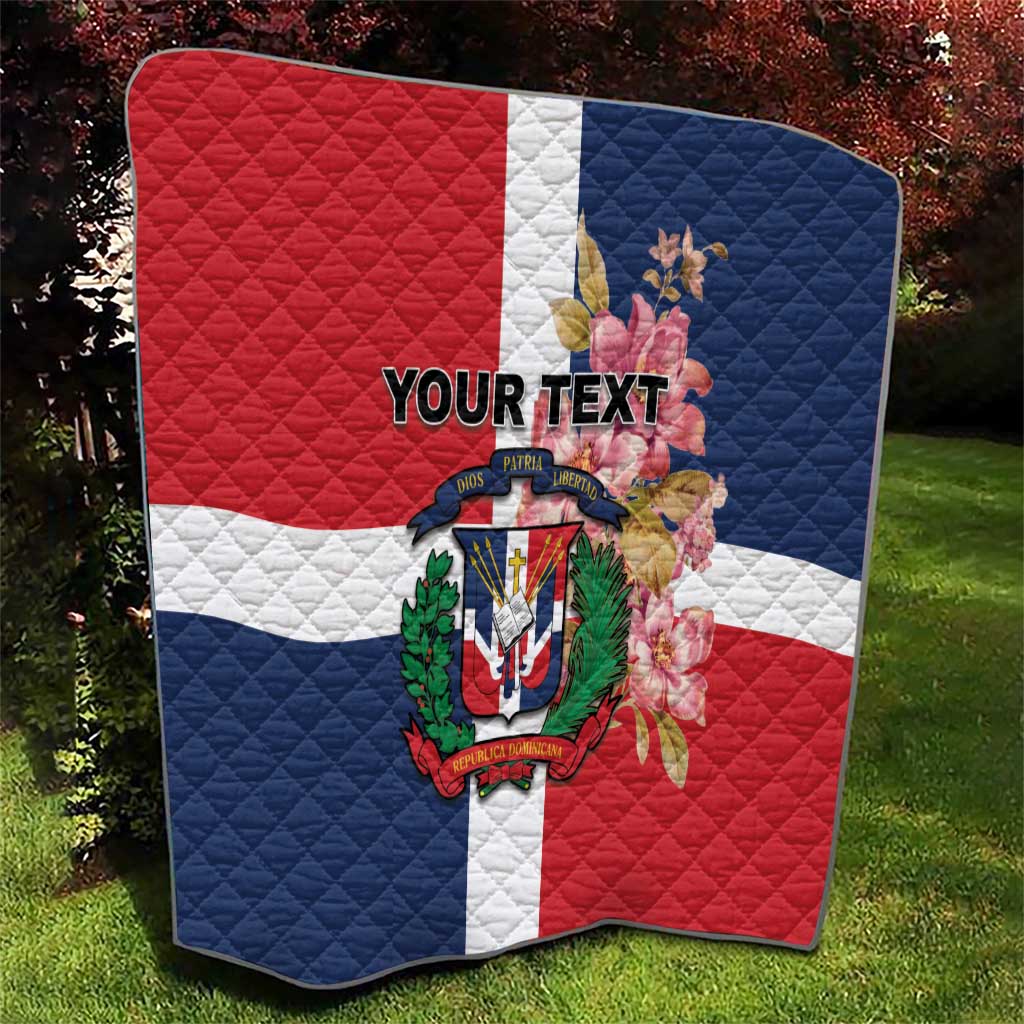 Personalized quilt on grass, Dominican Republic flag design in red white blue, 'YOUR TEXT'