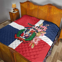 Personalized bed quilt with Dominican Republic flag, red white blue, 'YOUR TEXT', diamond quilting
