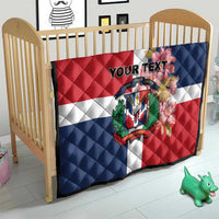 Personalized quilt on crib, Dominican Republic flag in red white blue, diamond quilted, 'YOUR TEXT'
