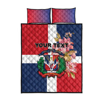 Personalized quilt bed set with red, white, and blue quilted flag center panel and 2 pillows