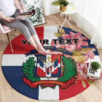 Personalized round Dominican Republic style carpet with crest, flowers, and “YOUR TEXT”