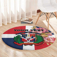 Round red personalized carpet with Dominican crest, orchids, and “YOUR TEXT” centerpiece
