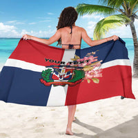 Personalized Dominican Republic tri-color sarong, back view, with floral crest and text