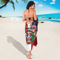 Personalized Dominican Republic tri-color sarong draped down the back with floral crest and text