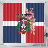 Personalized shower curtain showing Dominican crest, floral accents, red white blue stripes.