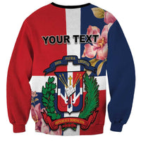 Red crewneck sweatshirt back with 'YOUR TEXT' and Dominican crest floral graphic