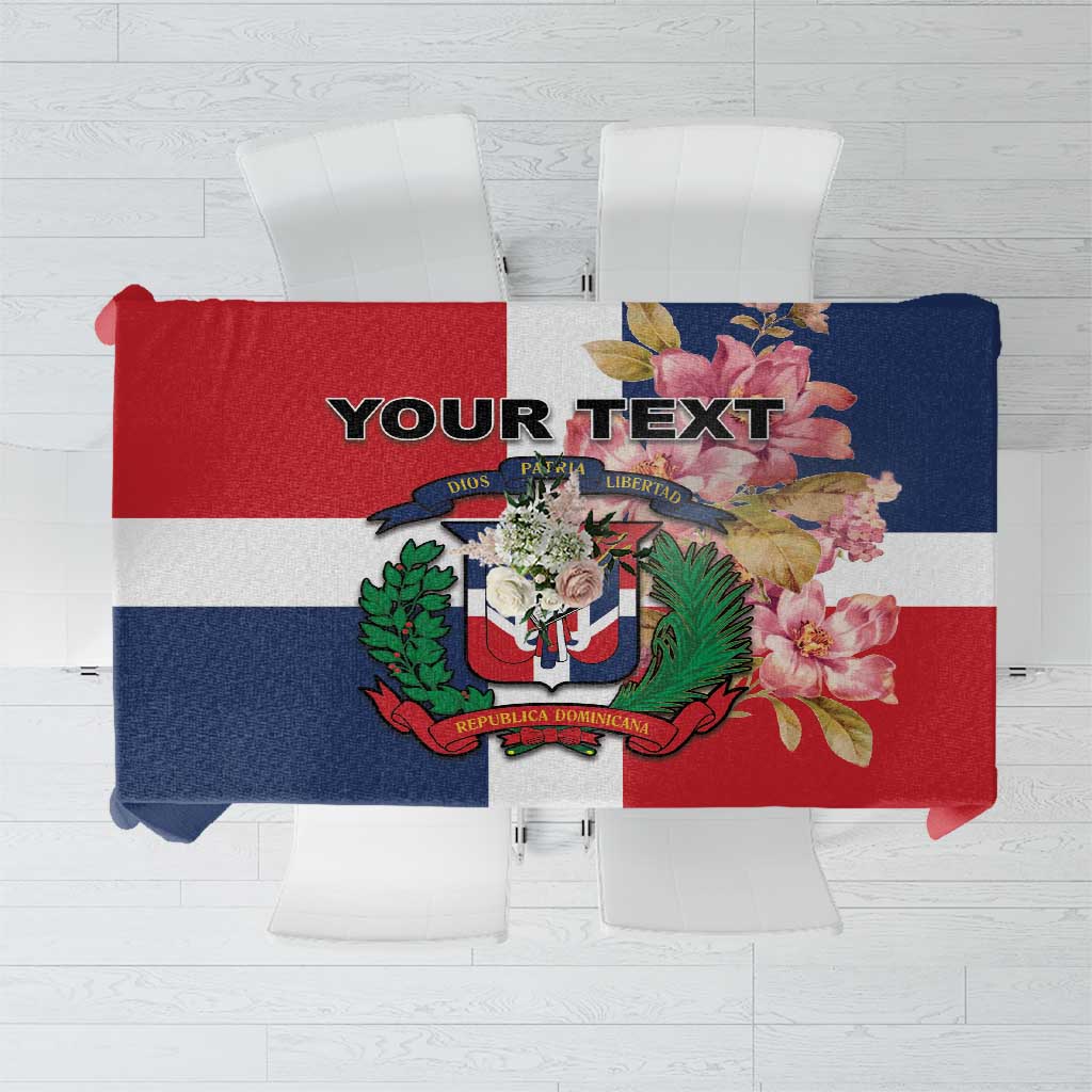 Printed red, navy and white tablecloth with 'YOUR TEXT' area and Dominican crest