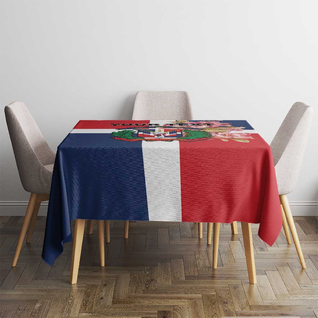 Red, navy and white printed tablecloth with colorful central artwork on dining table