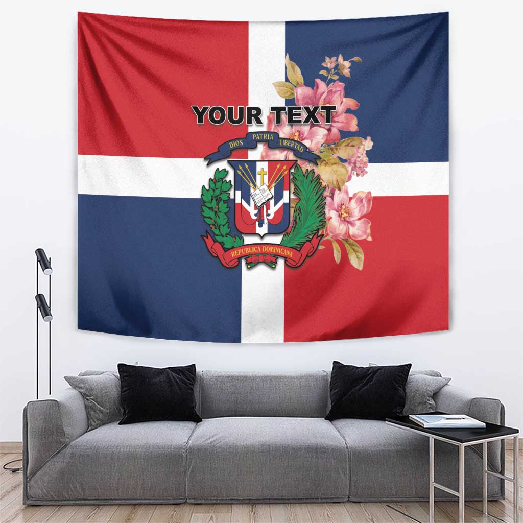 Red, blue, and white Dominican Republic flag-style tapestry with crest and floral design