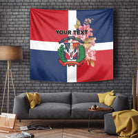 Flag-style tapestry with Dominican crest and pink flowers, red white blue fabric wall hanging