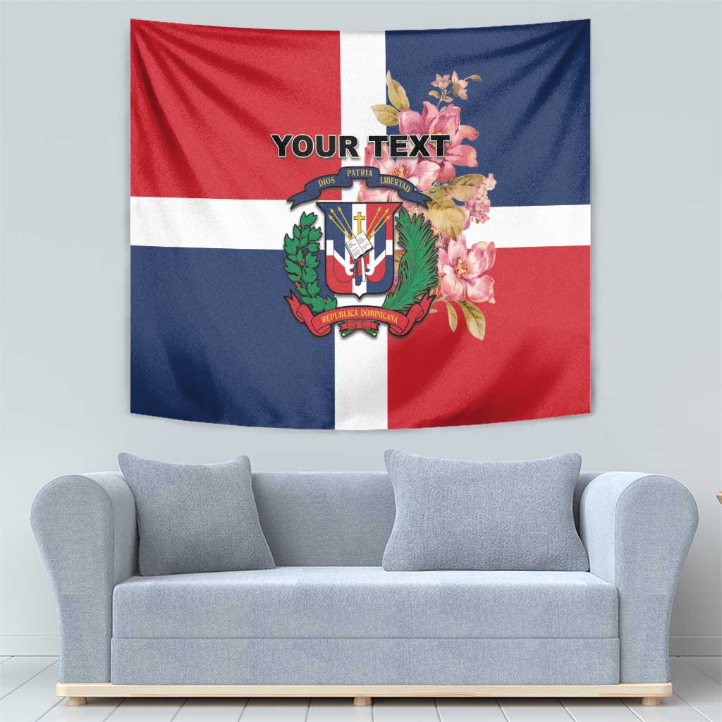 Red blue white Dominican Republic tapestry with floral bouquet and crest on wall