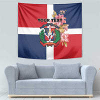 Red blue white Dominican Republic tapestry with floral bouquet and crest on wall