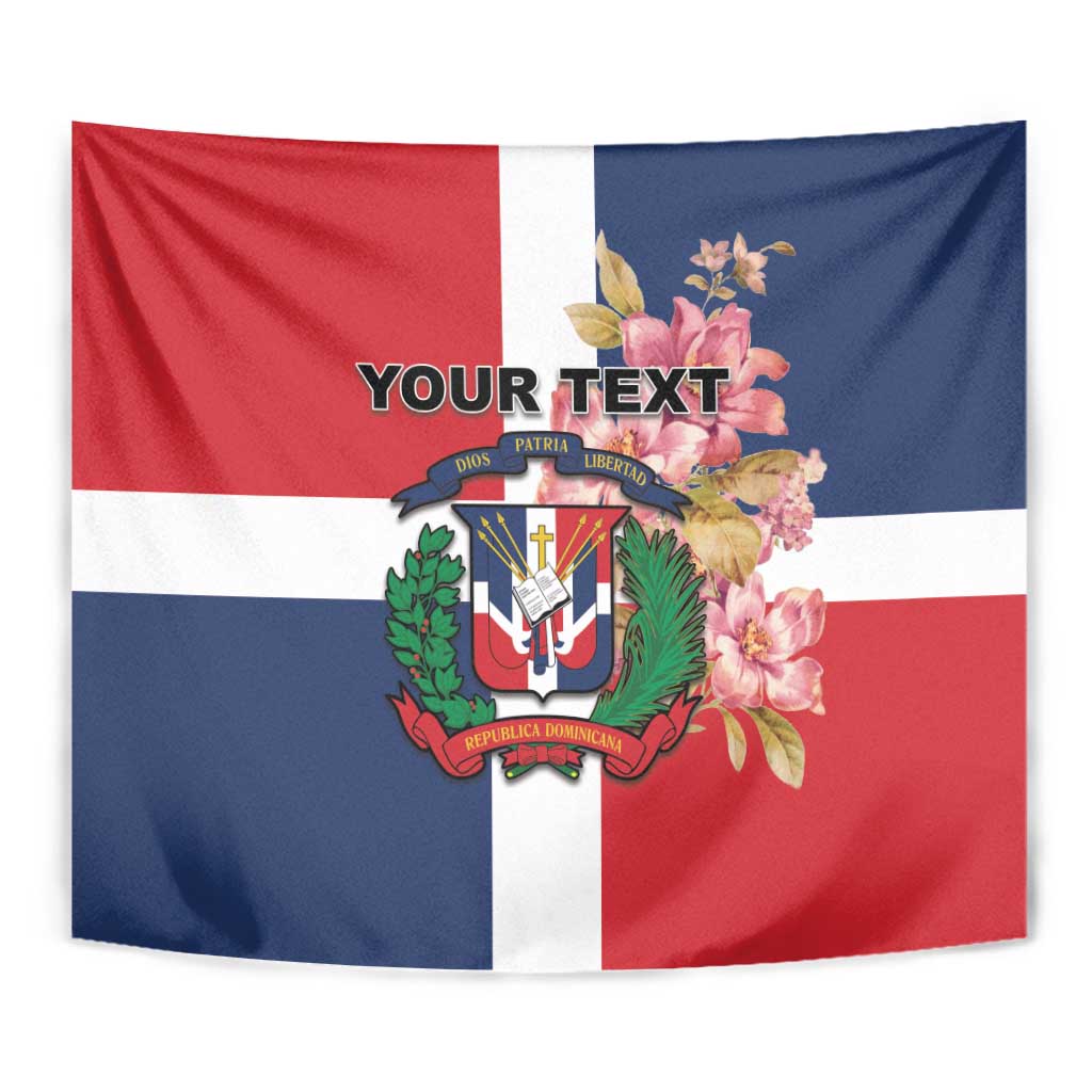 Close-up Dominican Republic flag-style tapestry with crest, flowers, and centered custom text
