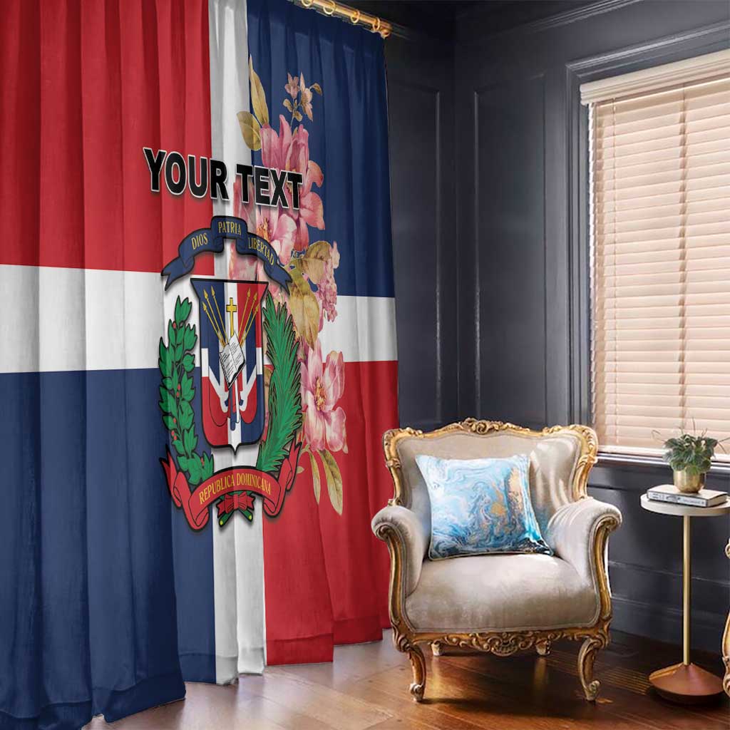 Dominican Republic window curtain panel, red and blue with floral crest and emblem