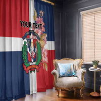 Dominican Republic window curtain panel, red and blue with floral crest and emblem