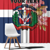 Dominican Republic curtain panel close-up, red and blue with crest and flowers