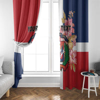 Dominican Republic window curtain panels, red and blue with crest on fabric fold