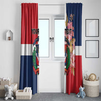 Pair of Dominican Republic curtains, red left and blue right with floral crest