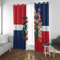 Dominican Republic window curtain panel, red and blue with floral crest graphic