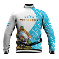 Back baseball jacket with coat of arms crest, blue geometric pattern and striped cuffs