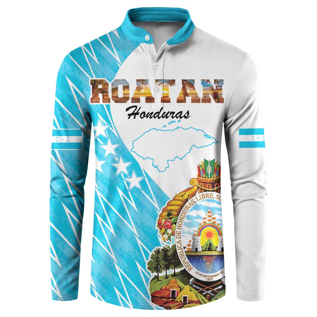 Blue and white long-sleeve sweatshirt with teal henley collar and Honduras crest print