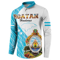 Blue and white long-sleeve sweatshirt with teal henley collar and Roatan Honduras graphic