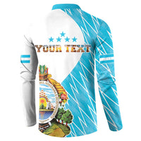 White and blue long-sleeve sweatshirt with YOUR TEXT and crest graphic