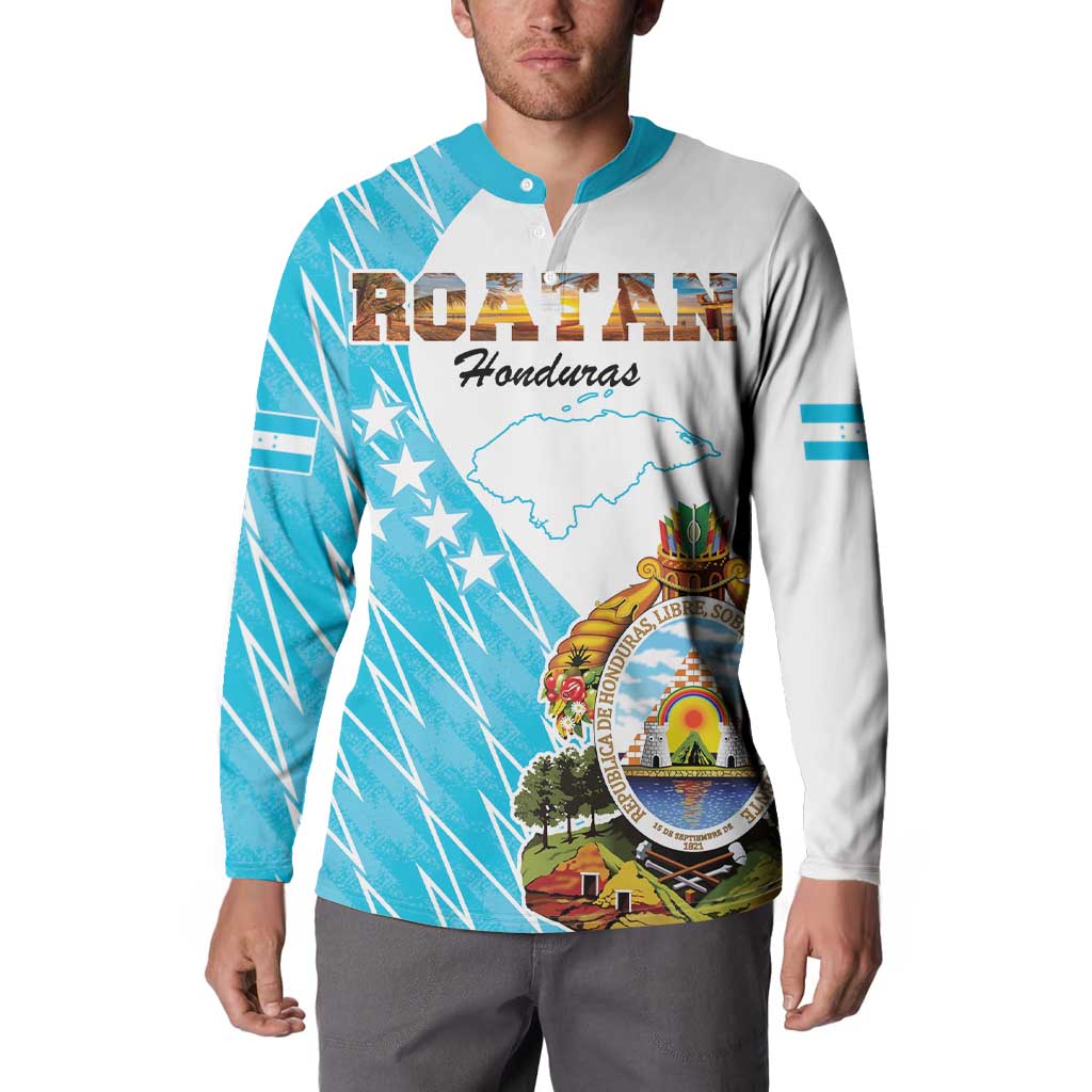 White and blue long-sleeve sweatshirt with teal henley collar and Honduras crest on front