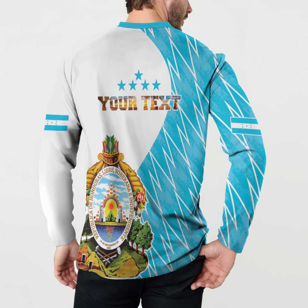 Blue and white long-sleeve sweatshirt with teal collar and YOUR TEXT crest graphic on back