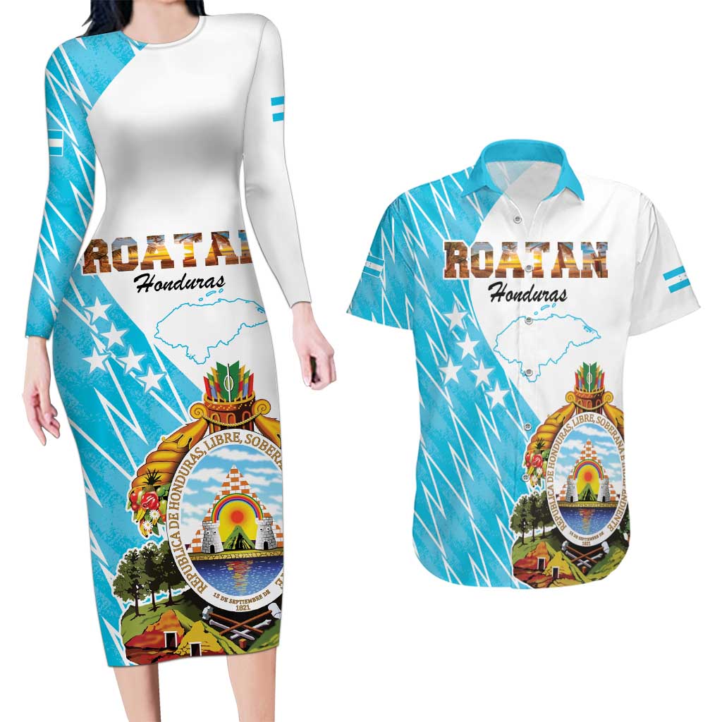 Personalized Honduras Coat Of Arms Couples Matching Long Sleeve Bodycon Dress and Hawaiian Shirt Flag Color Style - Wonder Print Shop