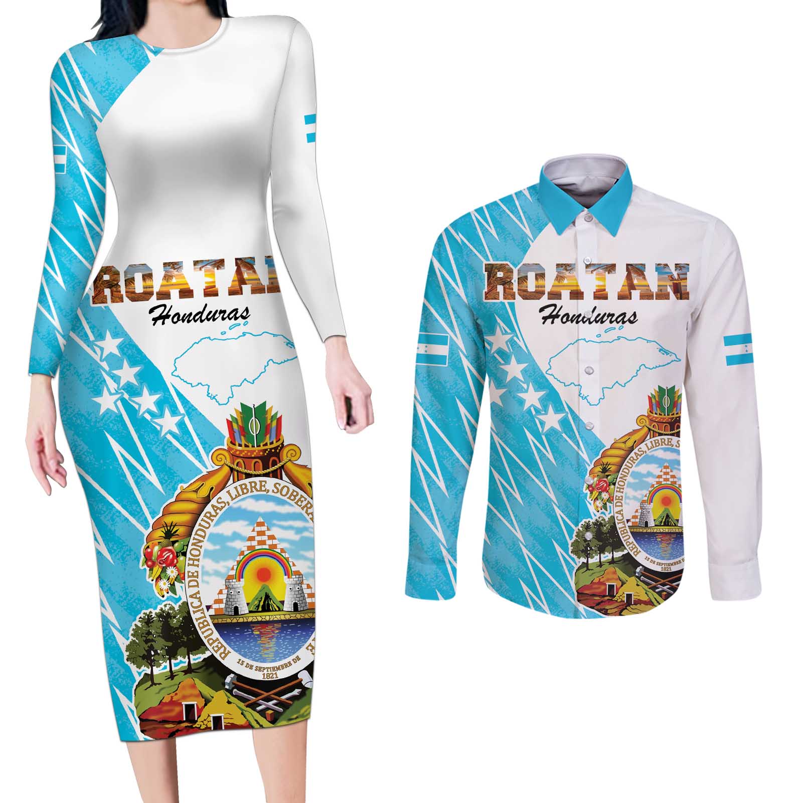 Personalized Honduras Coat Of Arms Couples Matching Long Sleeve Bodycon Dress and Long Sleeve Button Shirt Flag Color Style - Wonder Print Shop