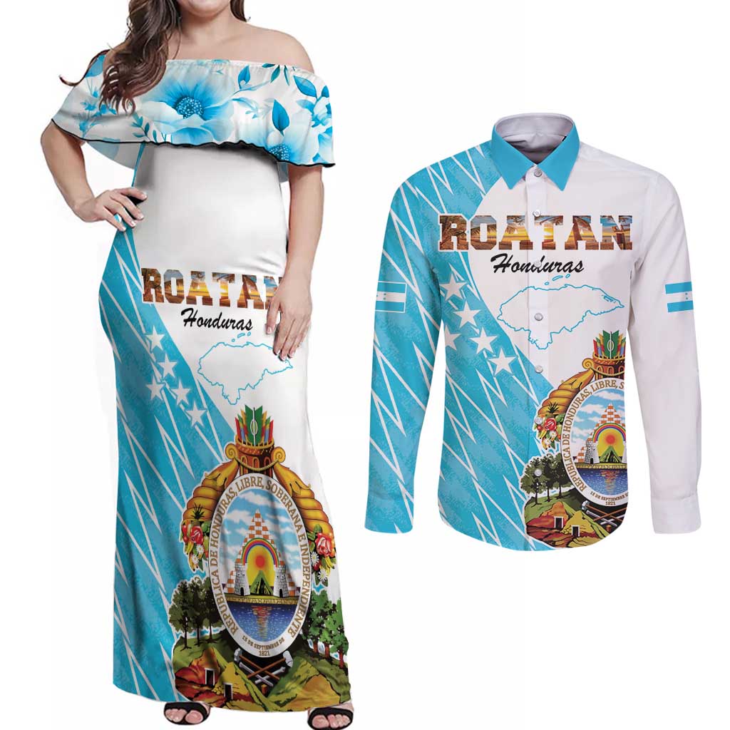 Personalized Honduras Coat Of Arms Couples Matching Off Shoulder Maxi Dress and Long Sleeve Button Shirt Flag Color Style - Wonder Print Shop