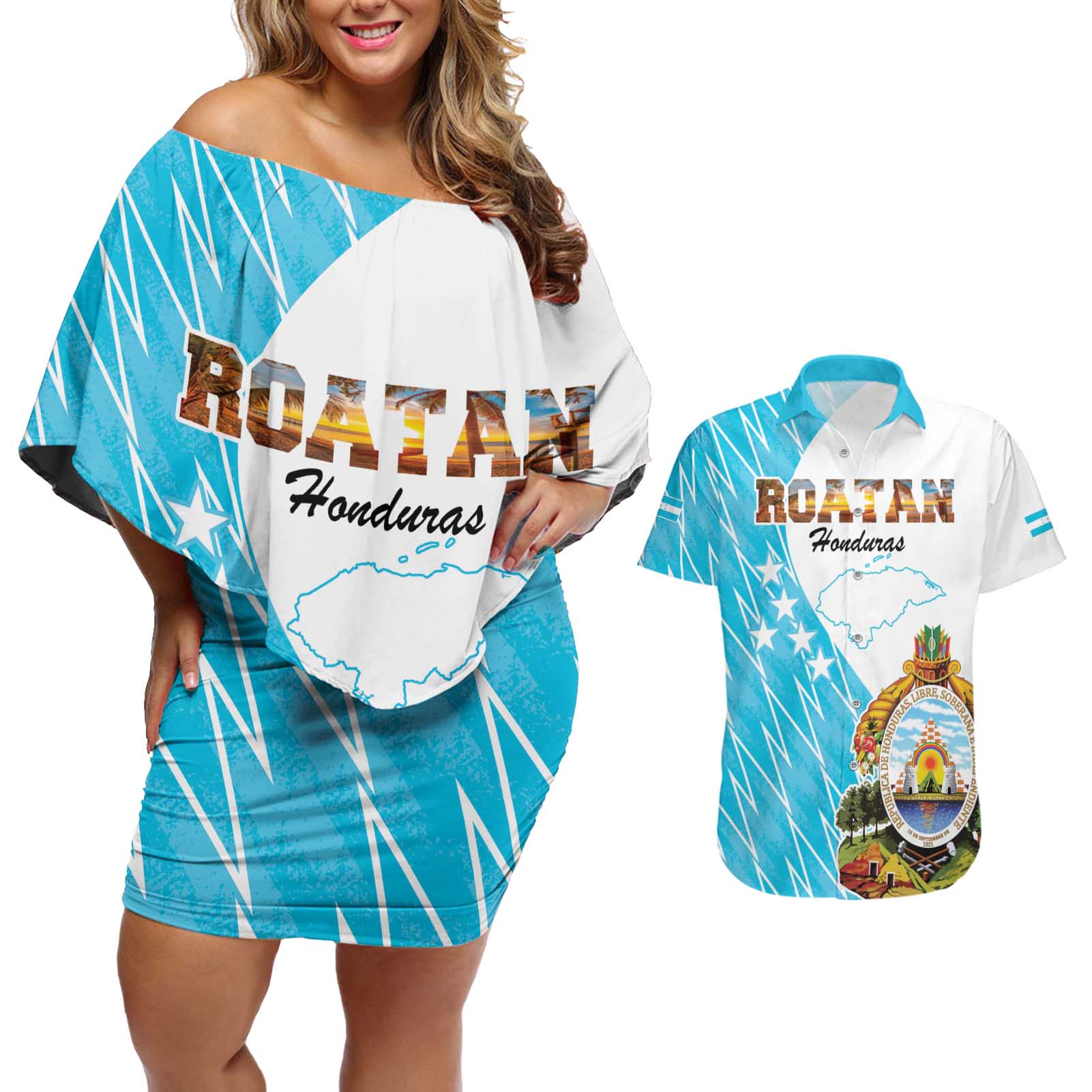 Personalized Honduras Coat Of Arms Couples Matching Off Shoulder Short Dress and Hawaiian Shirt Flag Color Style - Wonder Print Shop